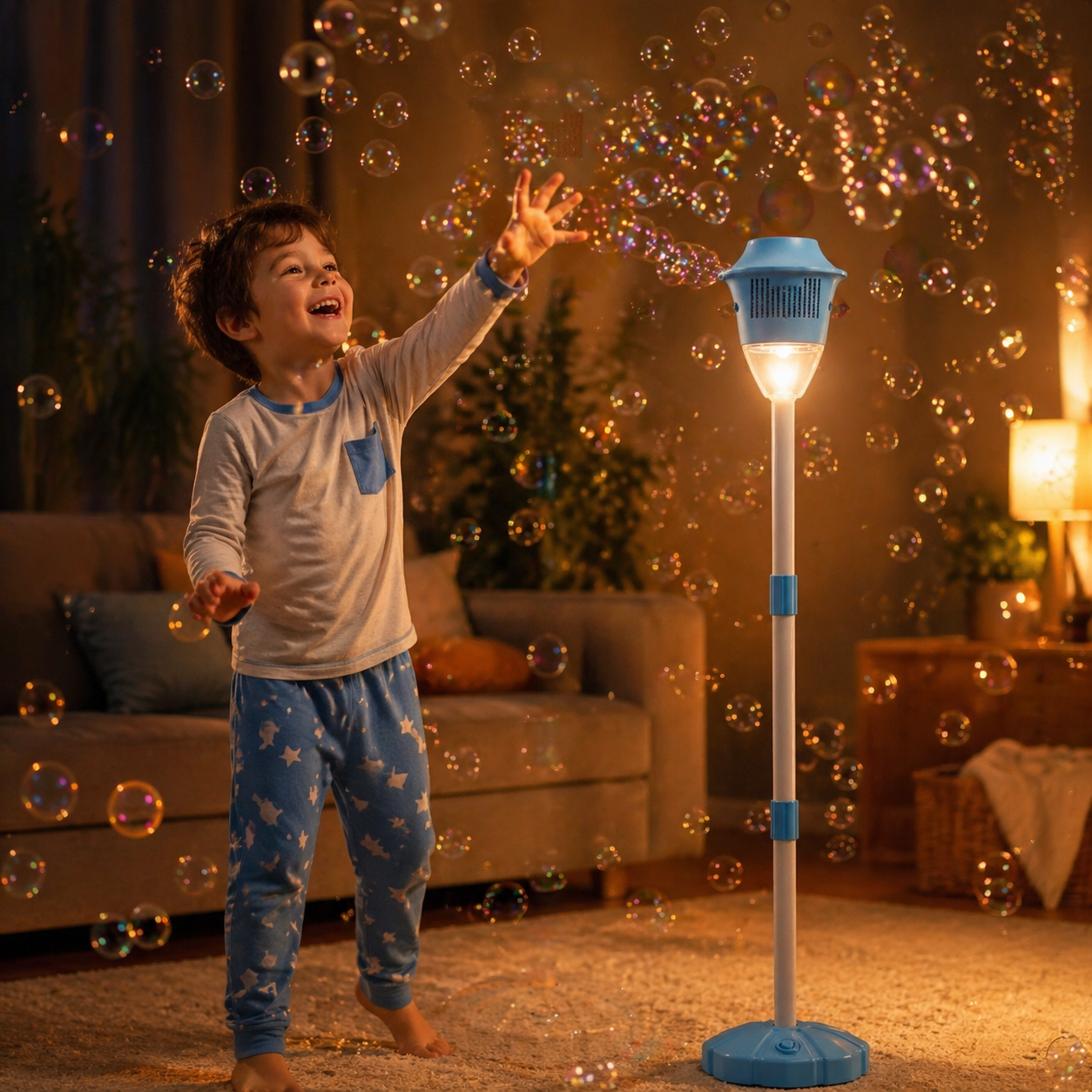 Child playing with Buballoon in a warm room